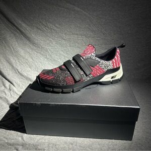 PRADA Crossection Slip-On Knit Sneakers Red/Black/Grey, Size 9